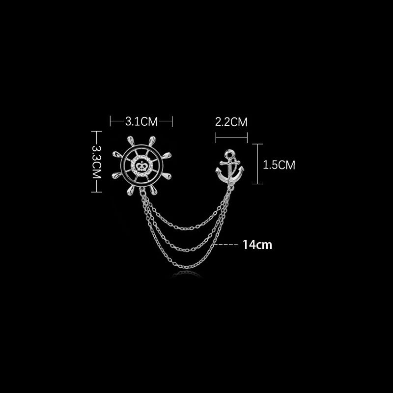 Silver anchor and ship-wheel metal brooch chain, size details shown; 3pcs