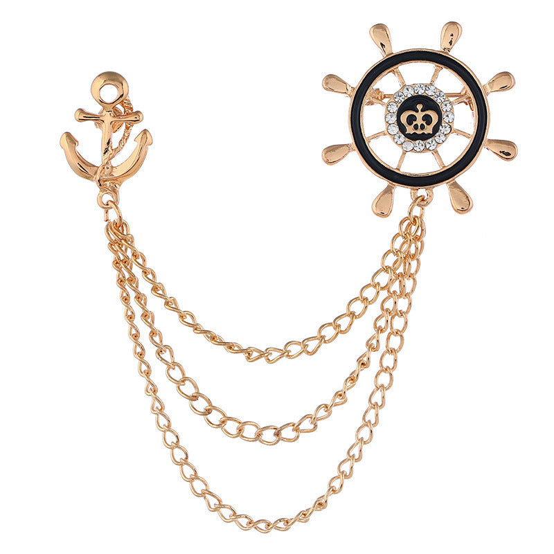 Gold anchor and ship-wheel metal brooch chain set, 3pcs with layered links