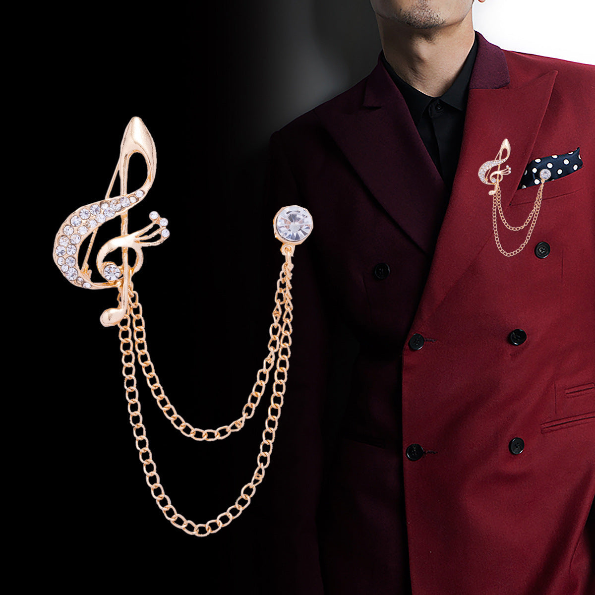 Gold-tone musical note rhinestone chain brooch with round stone charm