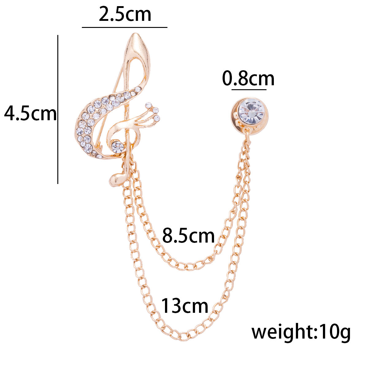 Gold-tone musical note chain brooch with rhinestone crescent and stone charm