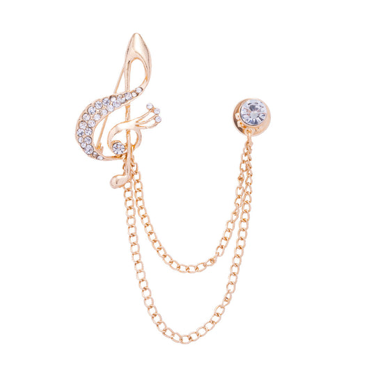 British Style Musical Note Rhinestone Chain Suit Corsage Brooch 3pcs Gold