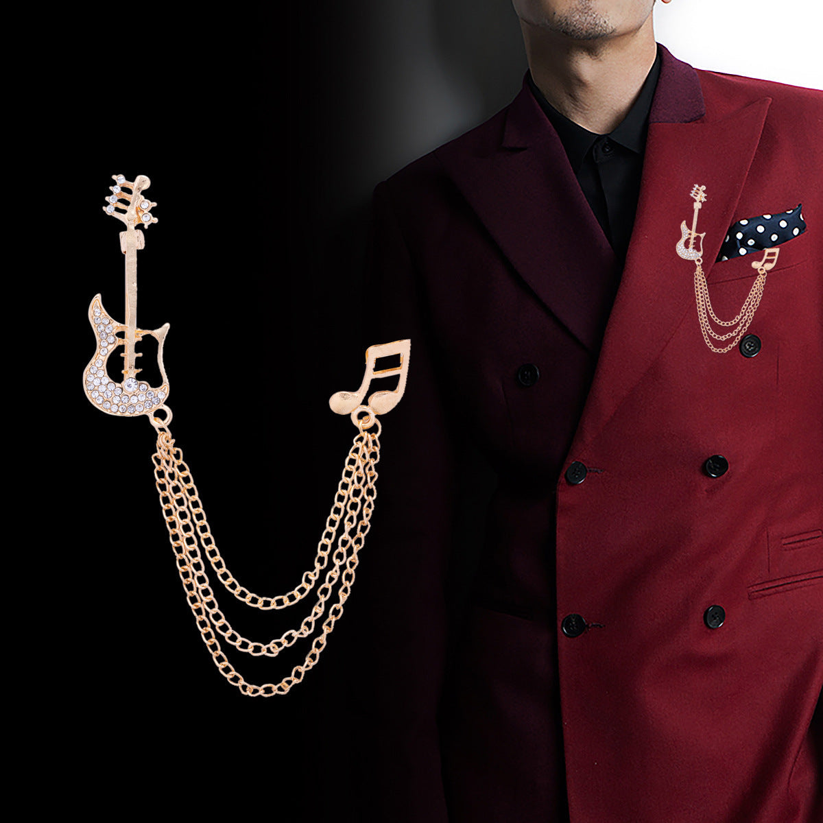 Gold-tone guitar note tassel brooch pin worn on suit lapel with double chain