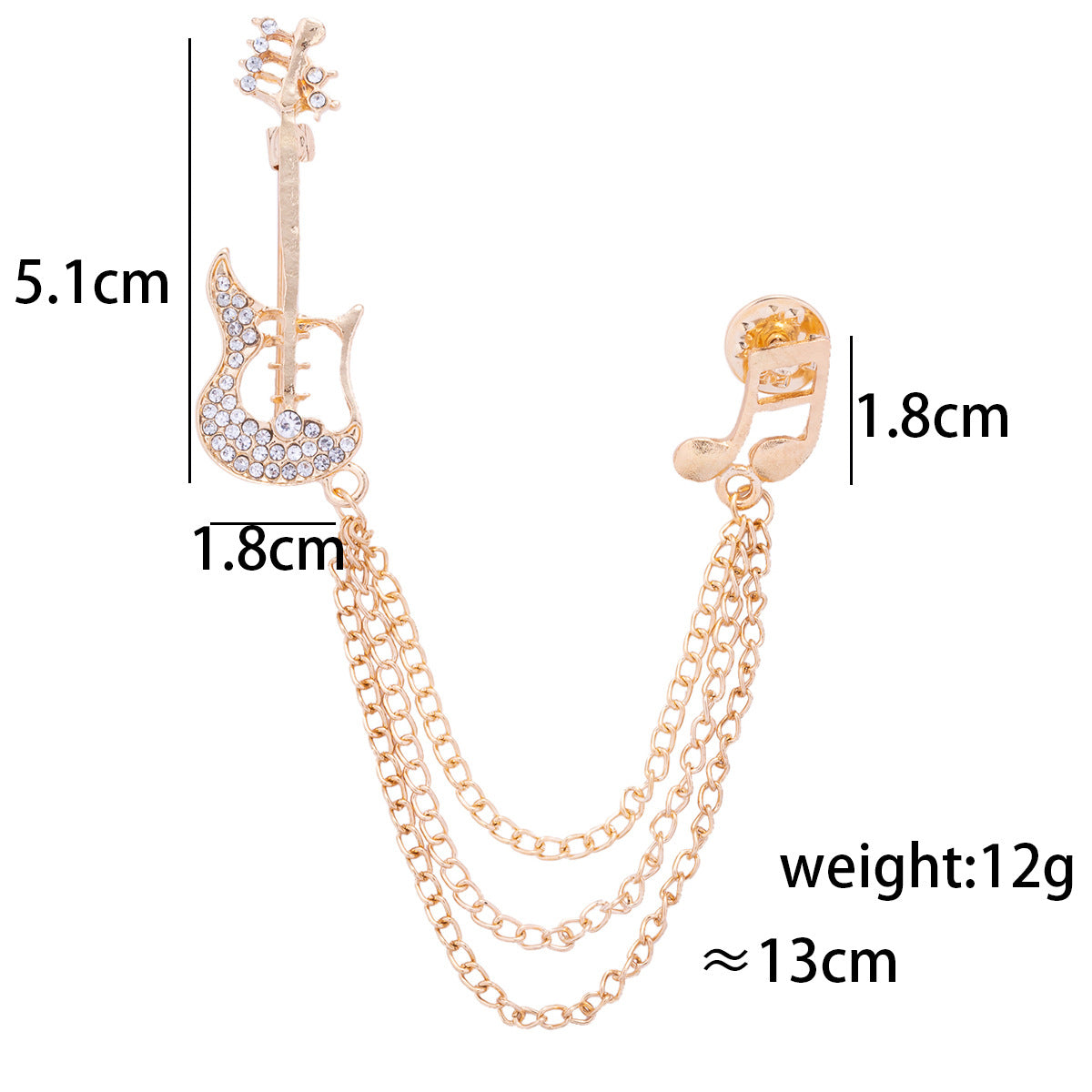 Gold-tone guitar note double-layer tassel brooch pin with chain; size/weight info shown