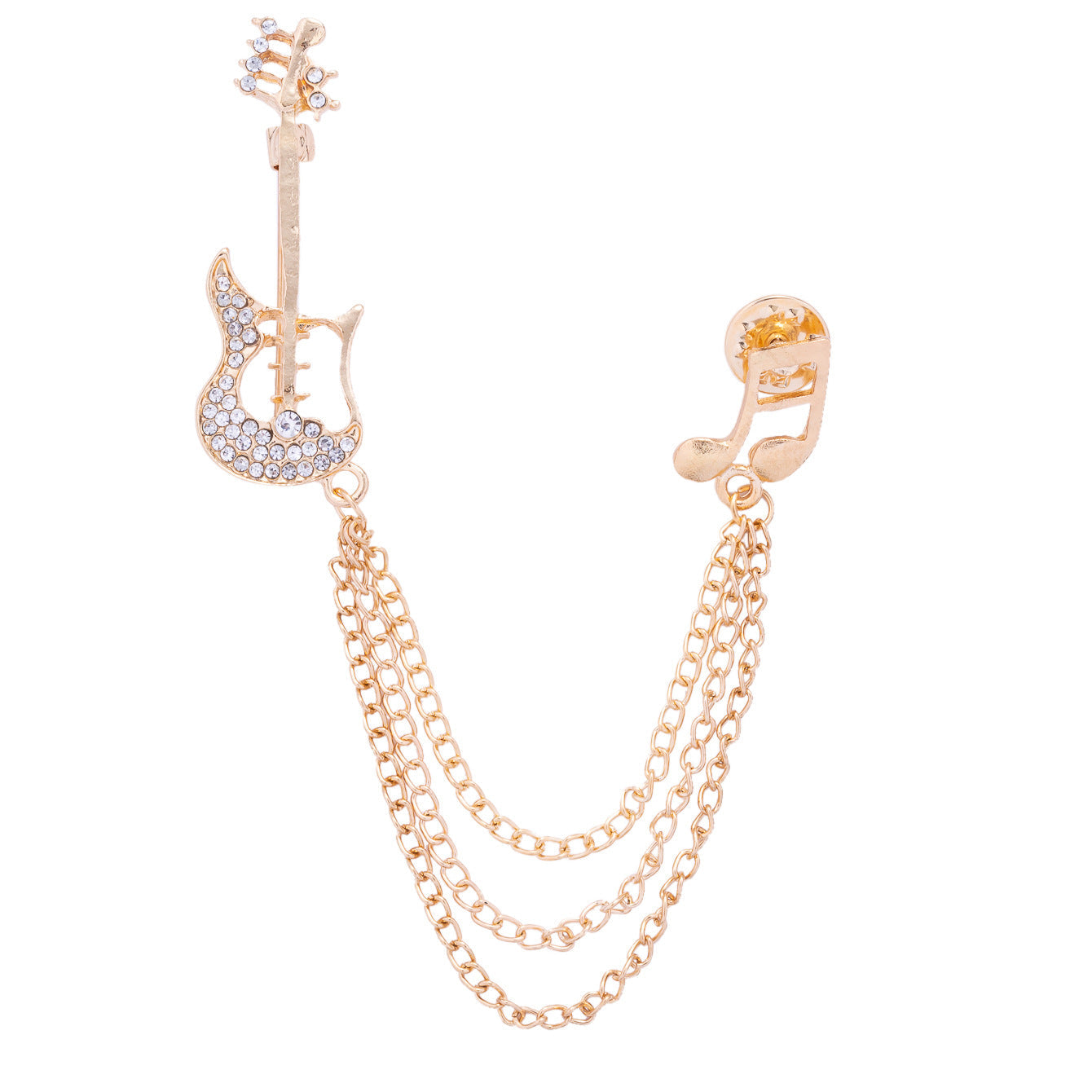 Gold-tone guitar note double-layer tassel brooch pin with rhinestone accents and chains