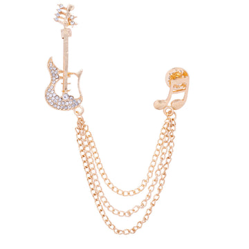 Gold-tone guitar note double-layer tassel brooch pin with rhinestone accents and chains