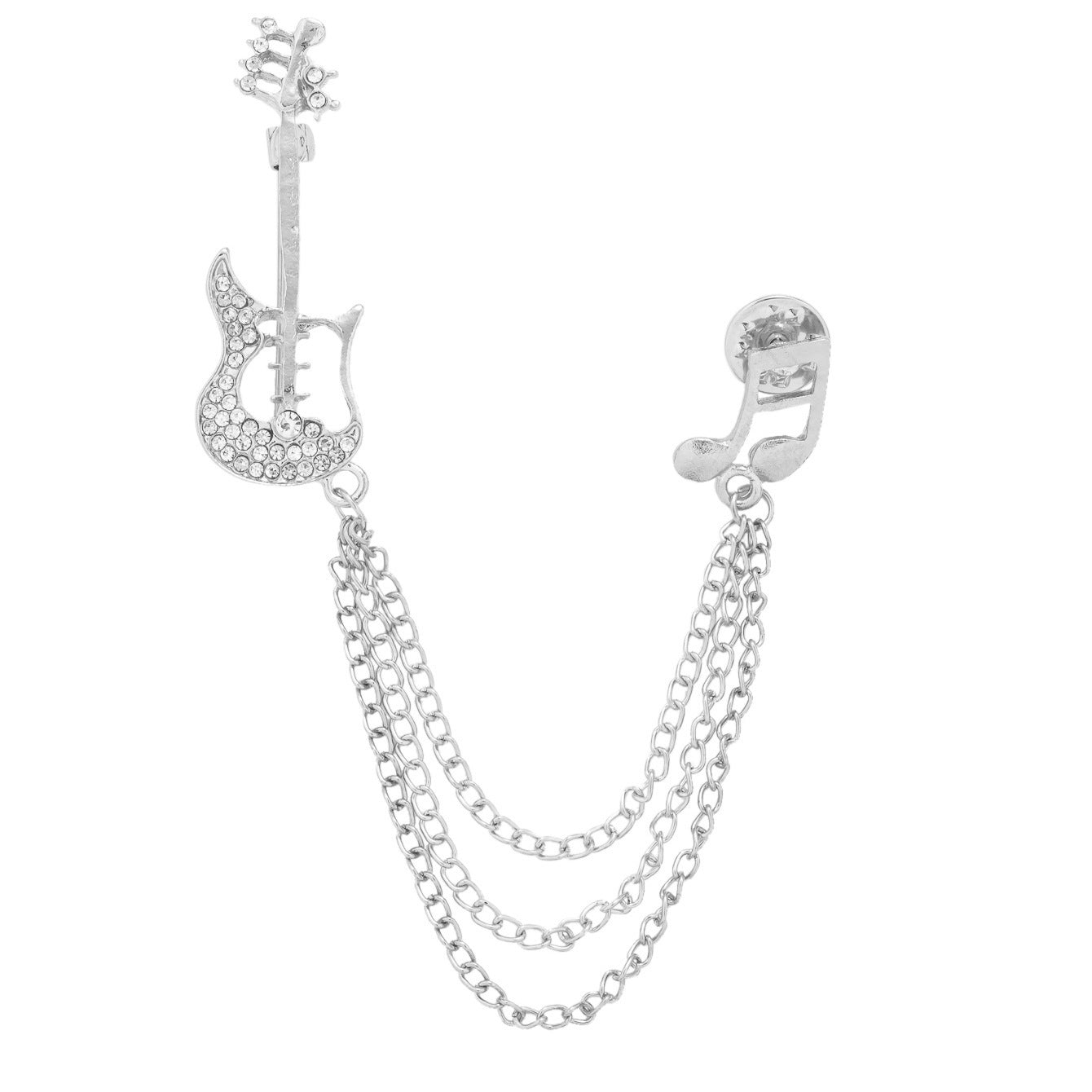 Silver-tone guitar note double-layer tassel brooch pin with rhinestone details and chain
