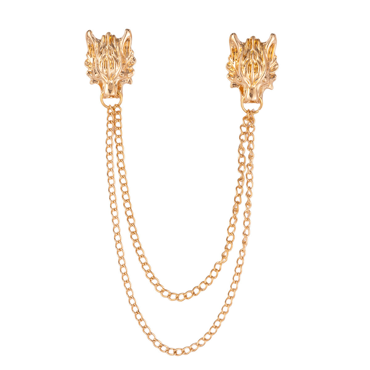 Gold wolf head chain lapel brooch with double linked chains