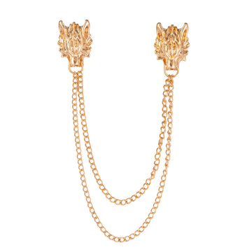 Gold wolf head chain lapel brooch with double linked chains