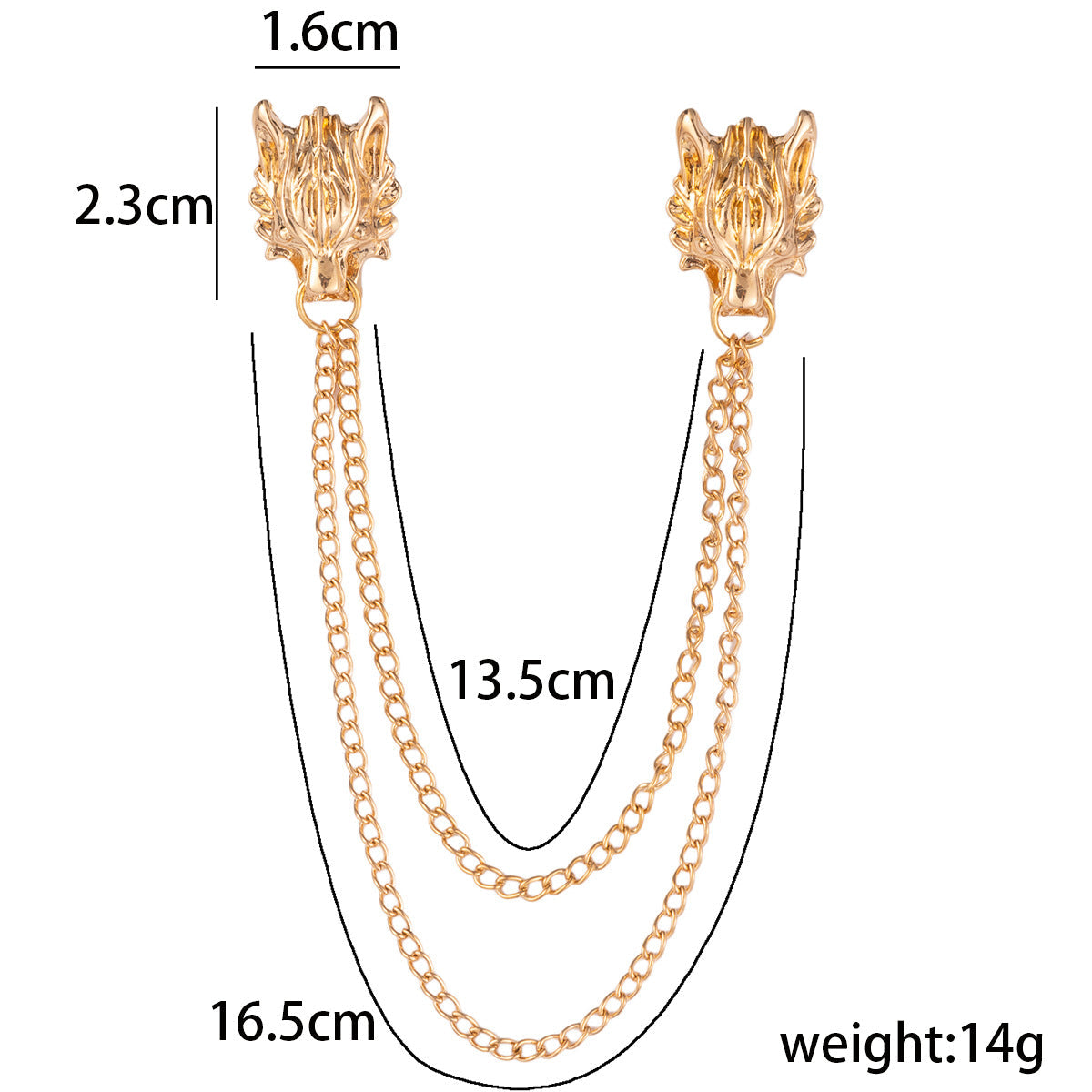Gold wolf head lapel brooch with twin chains; size and weight shown