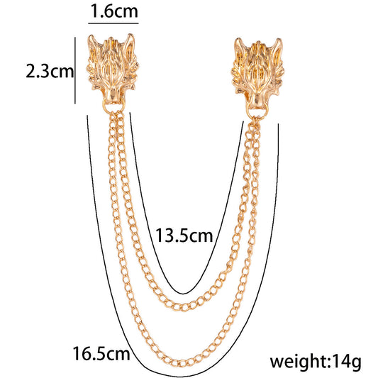 Chain Wolf Head Brooch - Men's Vintage Creative Suit Lapel Pin 3pcs