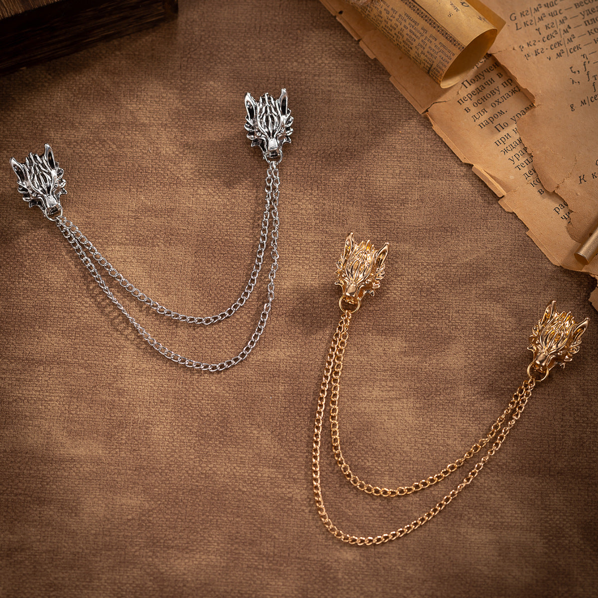 Lotsofbuttons wolf head lapel brooch set with mixed gold and silver chains