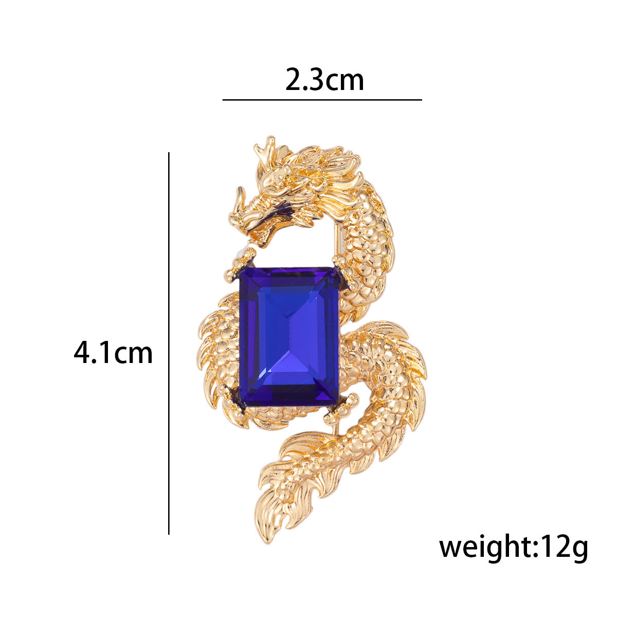 Gold dragon brooch with blue crystal; size 4.1cm x 2.3cm; weight 12g