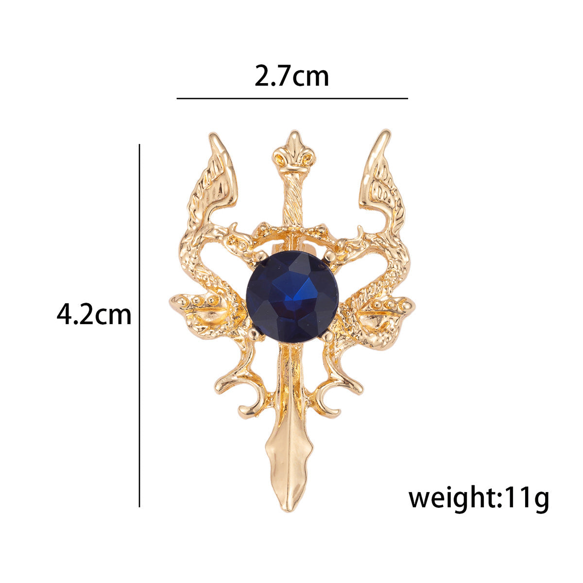 Gold double dragon sword brooch size 2.7 cm x 4.2 cm, 11 g