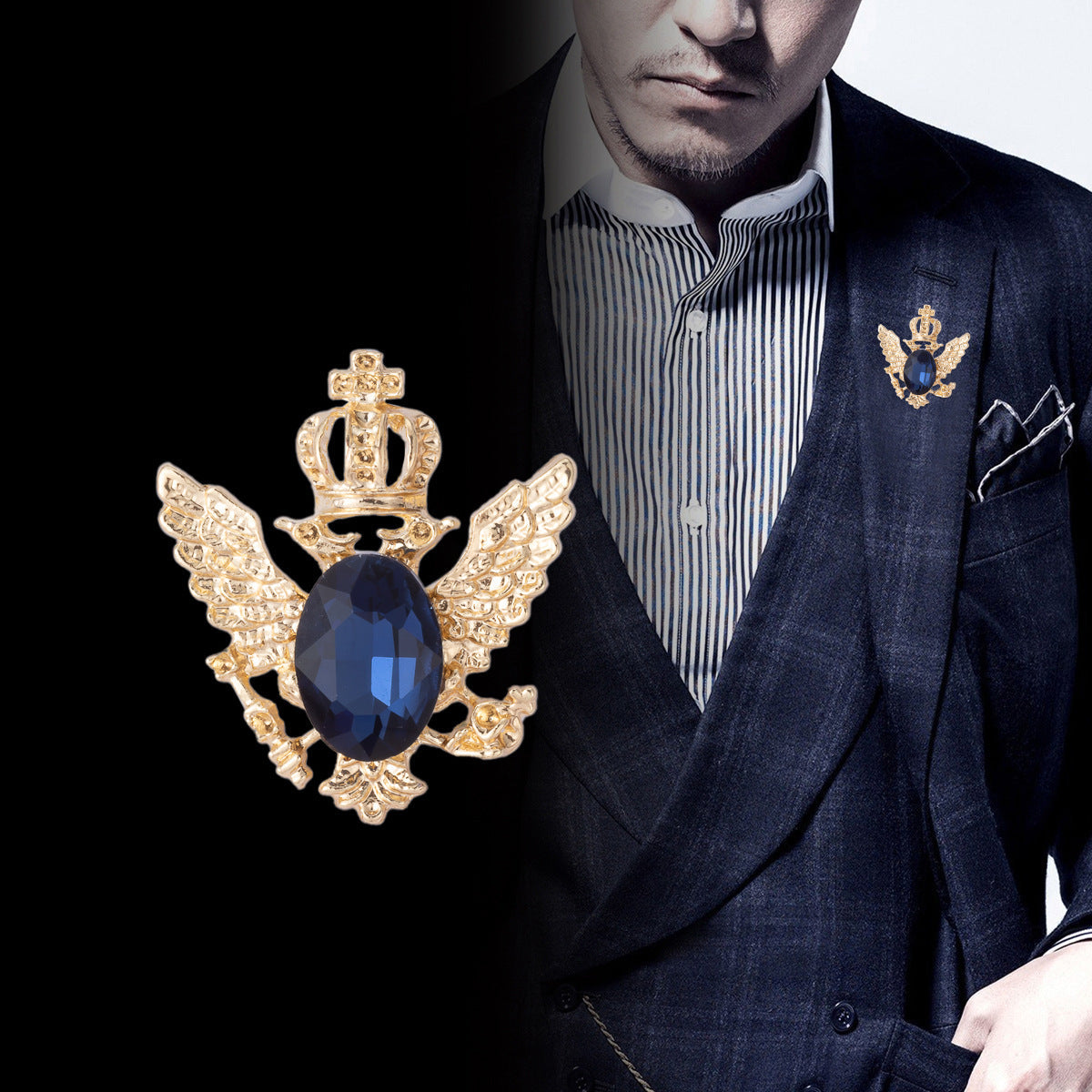 Gold eagle wing lapel pin with crown and dark oval crystal on blazer lapel
