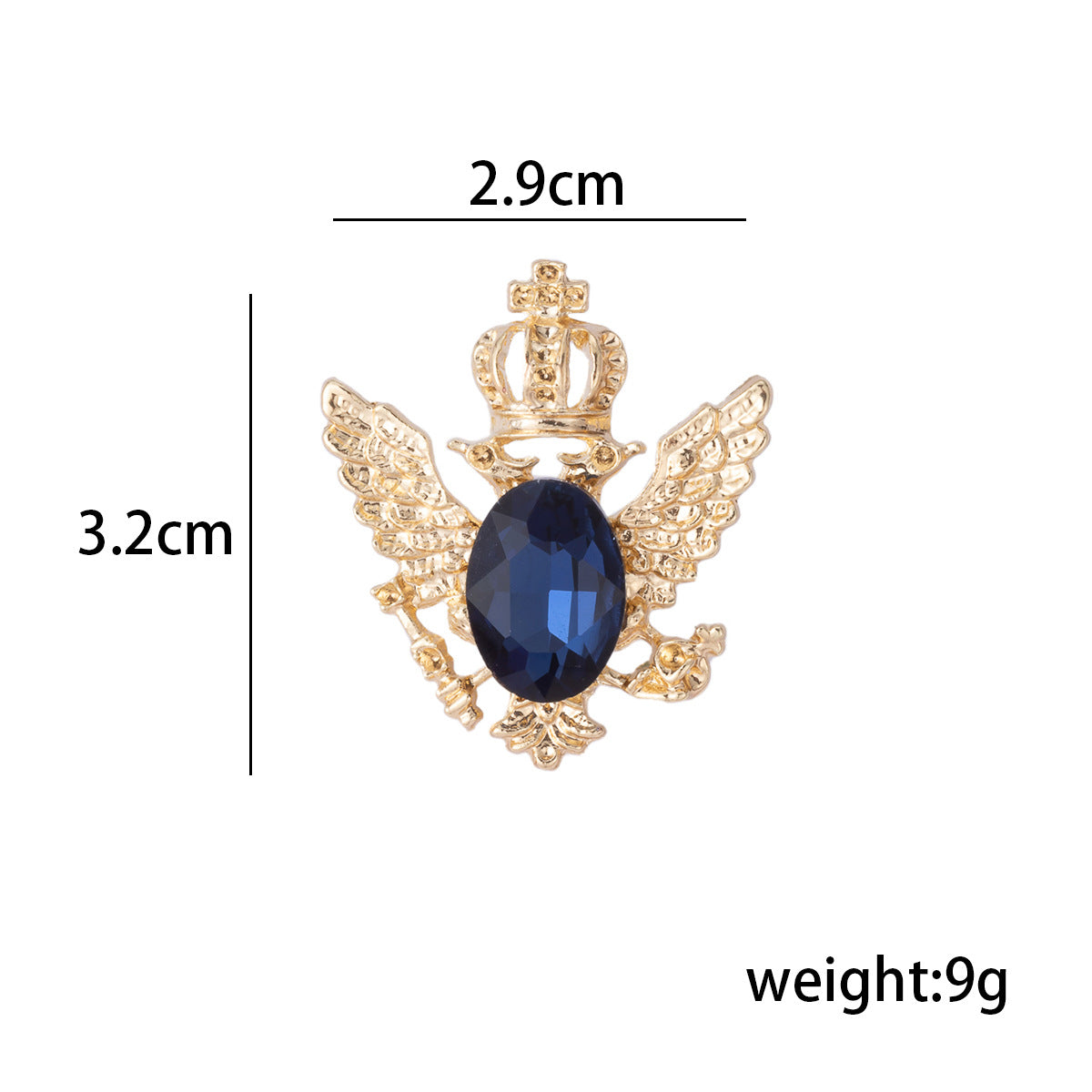 Gold crystal eagle brooch, crown and wings; size 2.9 cm by 3.2 cm, 9 g