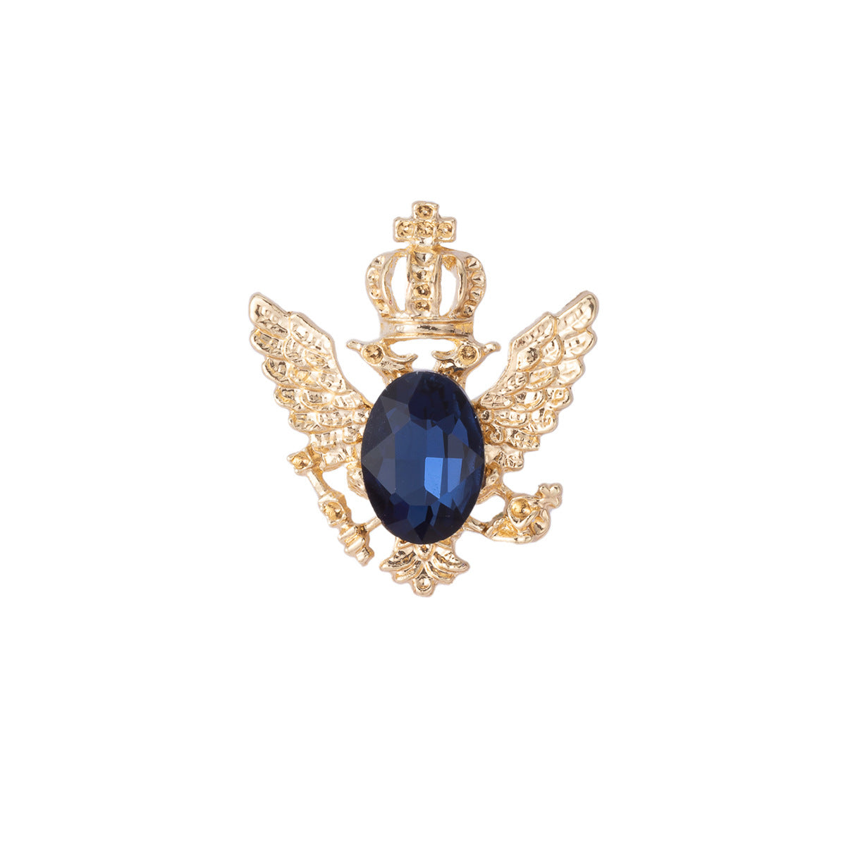 Gold eagle brooch with crown, wing details, and dark oval crystal centerpiece