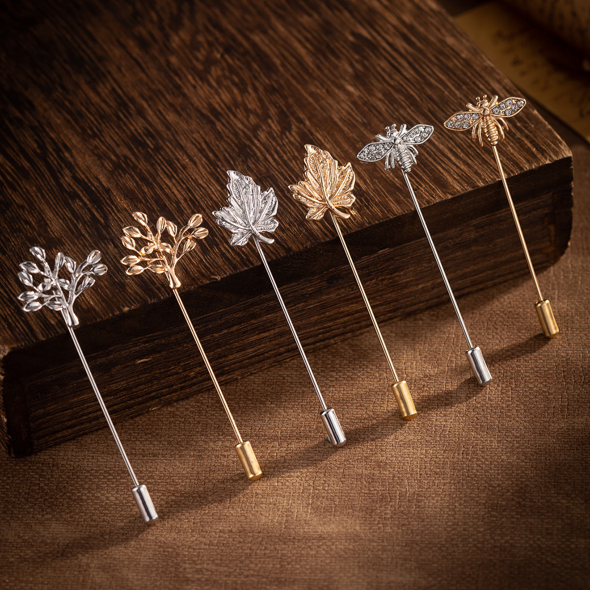 6-pack brooch pins: bee, tree, and maple leaf in gold and silver tones