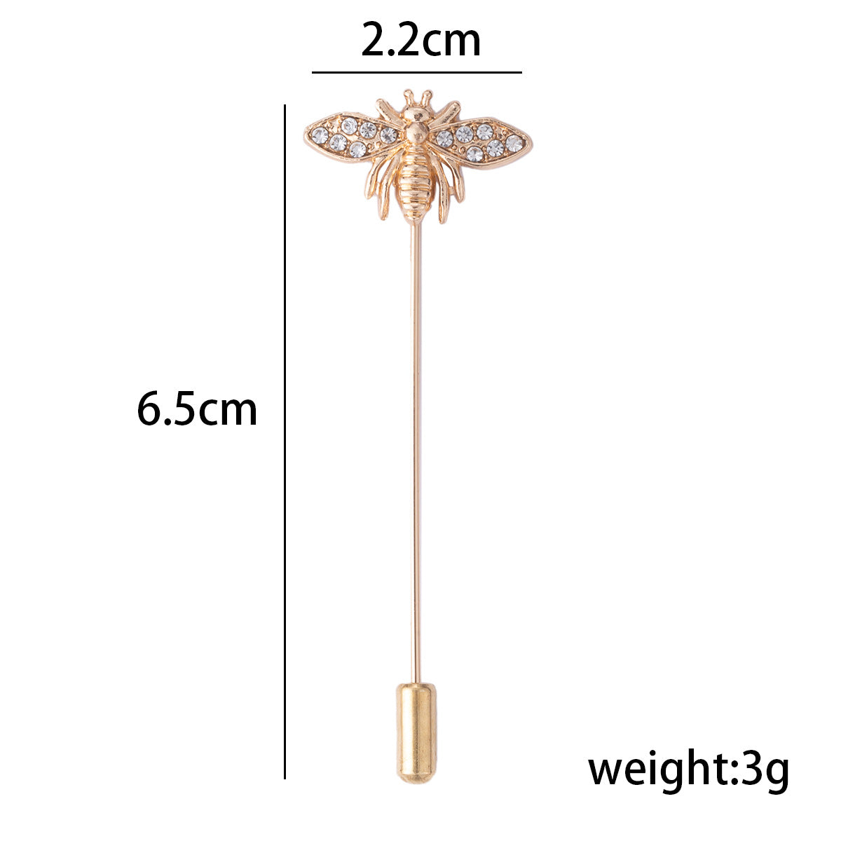 Bee brooch pin size 2.2cm x 6.5cm, weight 3g; gold-tone with crystal wings
