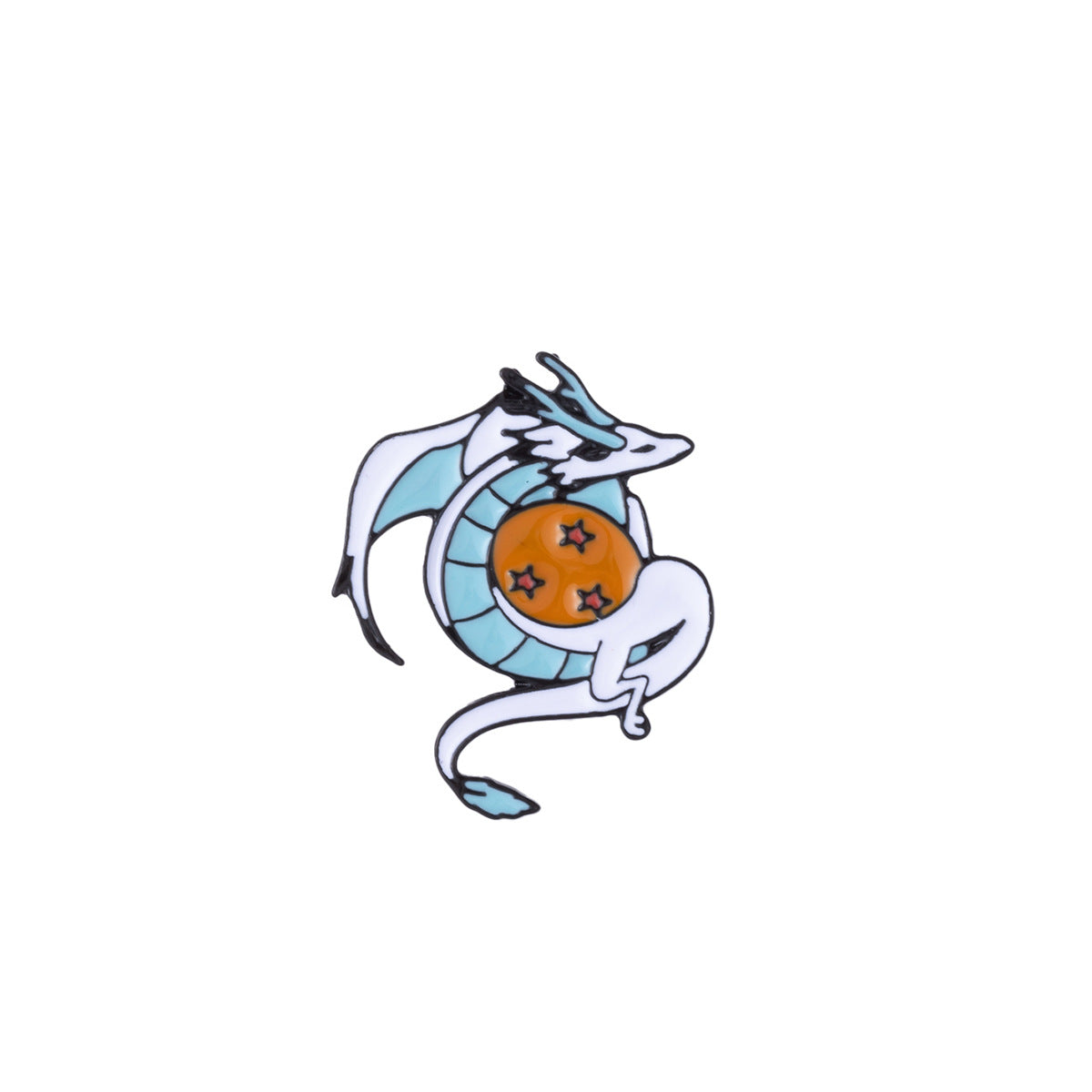 Kleiner Cartoon-Drache Emaille-Anstecknadel, weiß/blau, orangefarbenes Auge im Flug