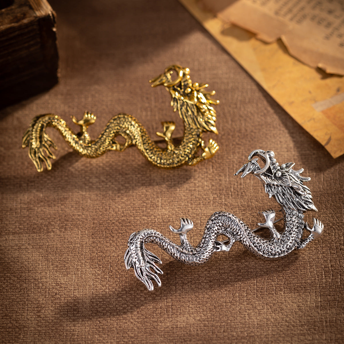 Dragon brooch set: antique gold and antique silver zodiac totem designs