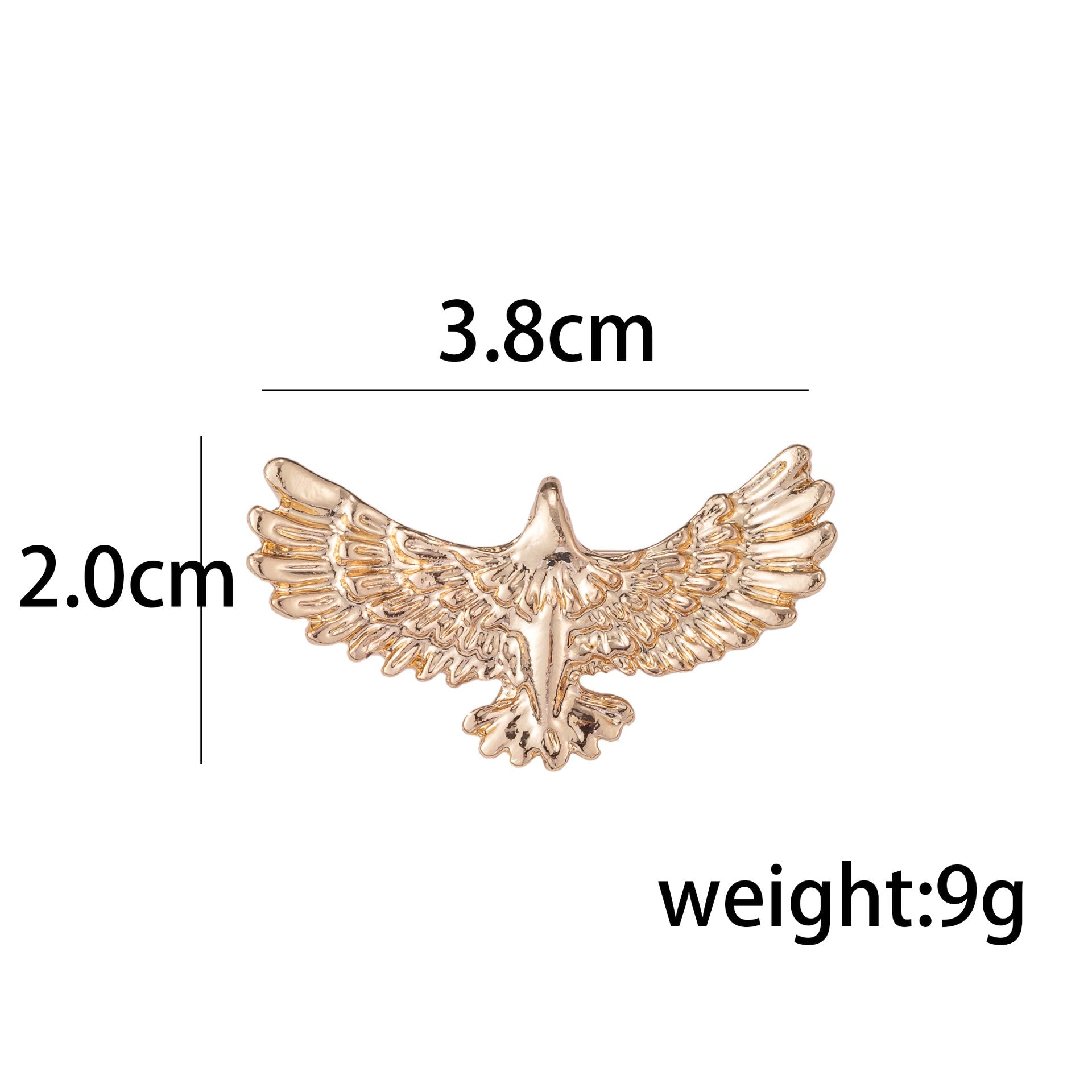 Eagle brooch with retro roc bird motif, size marking shown, gold-tone