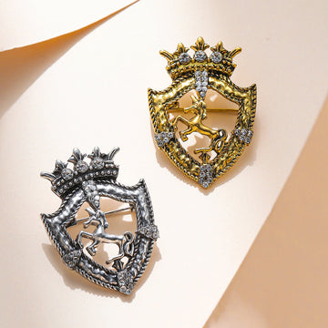 Vintage horse shield crown brooch pins set: gold and silver with sparkling stones