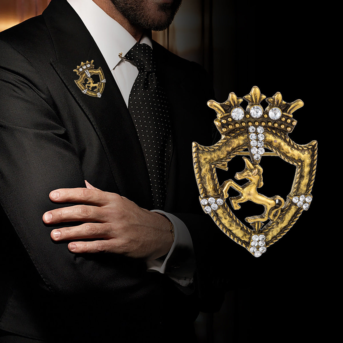 Gold horse shield crown brooch pin with sparkling stones for men’s suit lapel