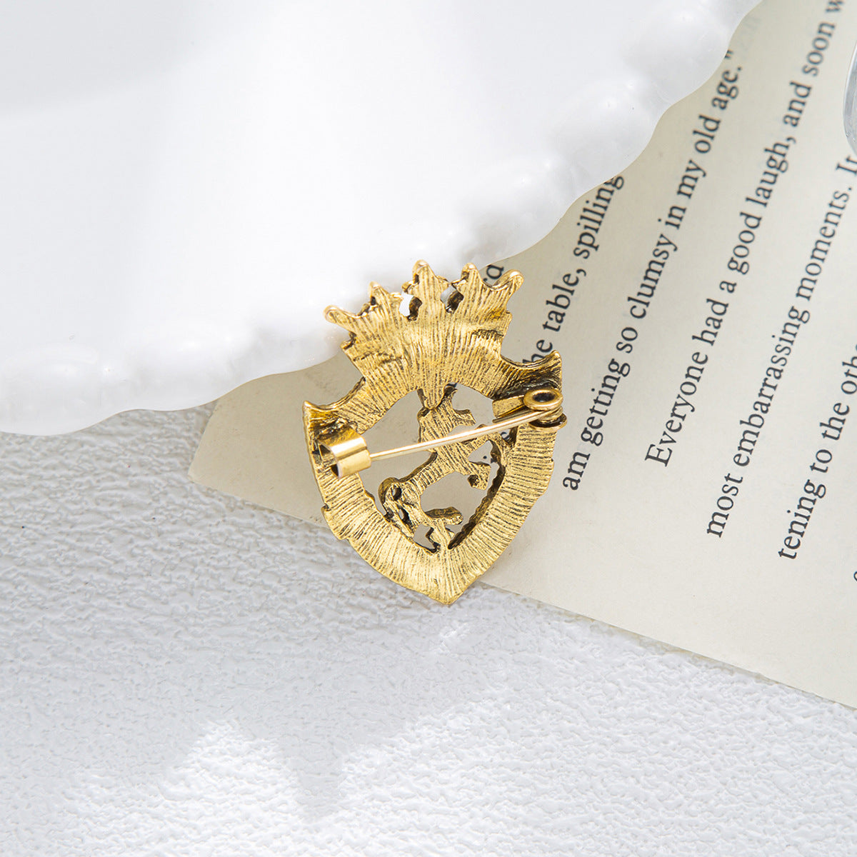 Gold horse shield crown brooch pin back with needle pin and fastening clasp