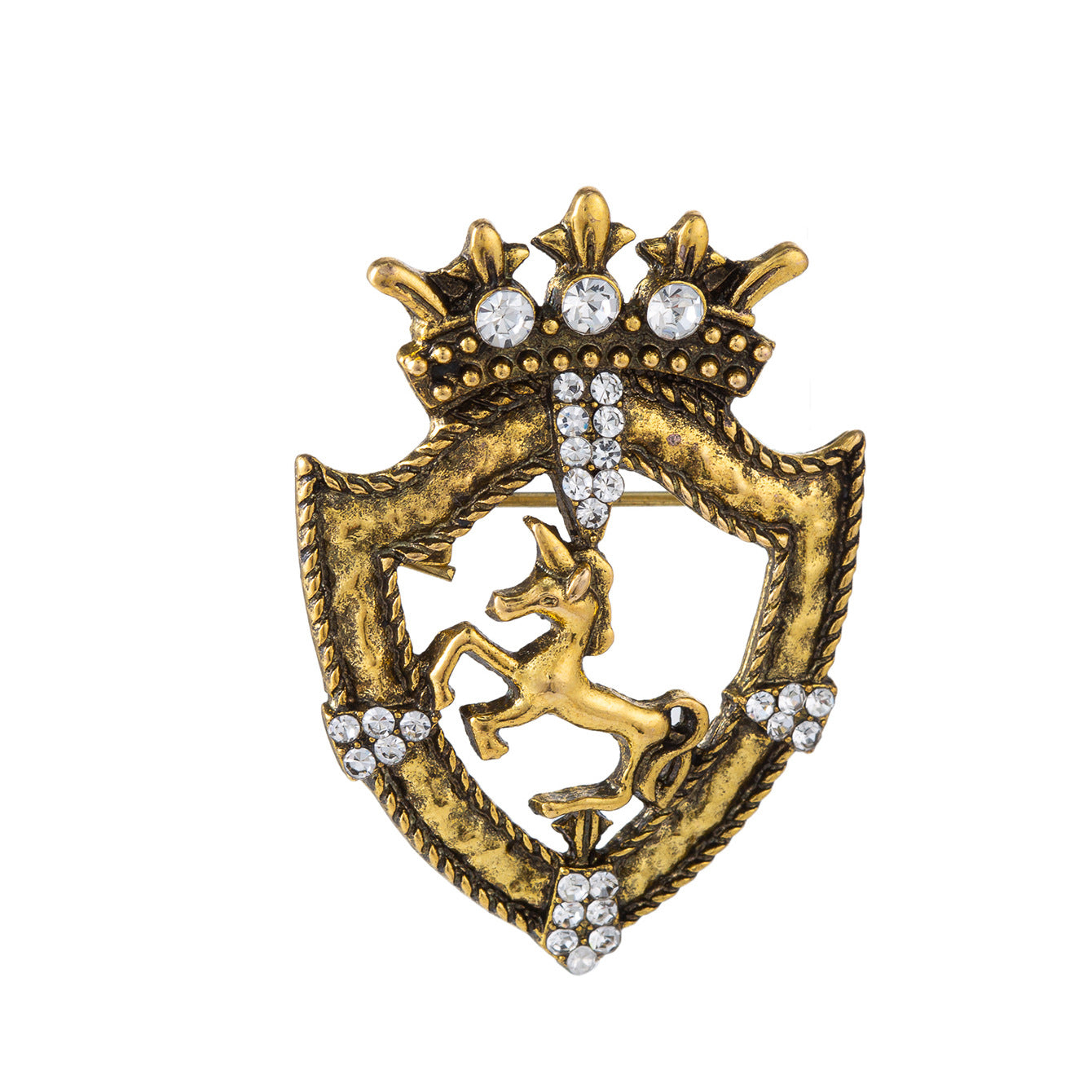 Gold horse shield crown brooch pin front with crown accents and rhinestone stones