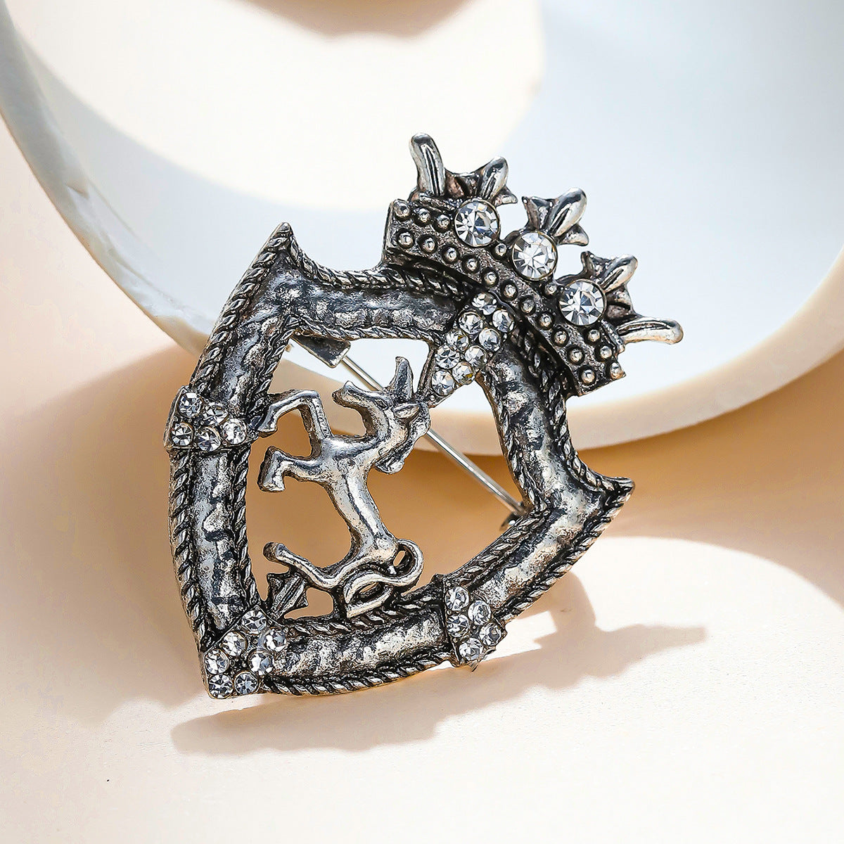 Silver horse shield crown brooch pin with rhinestone stones and pin clasp