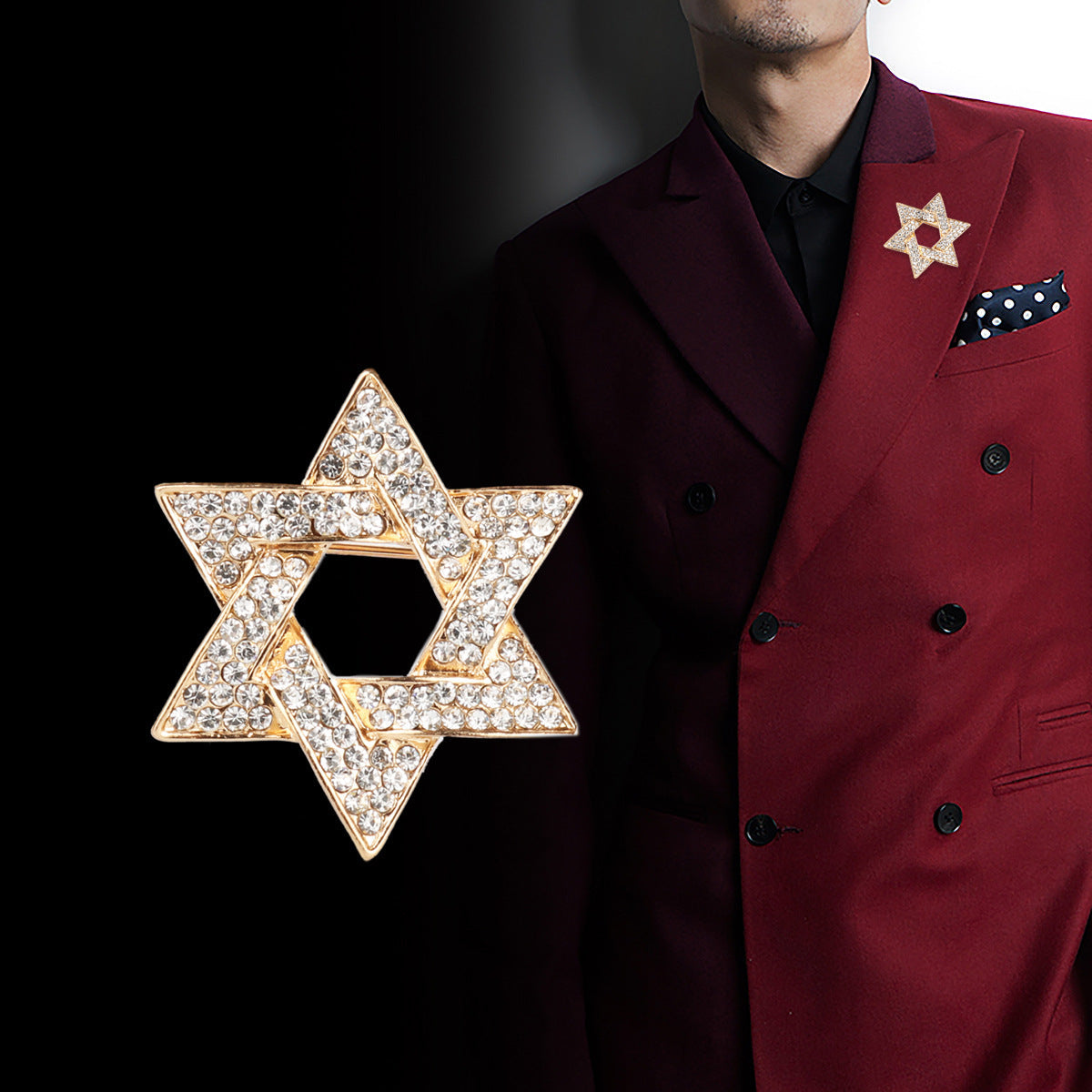 Gold six-point star lapel pin with sparkling crystal stones