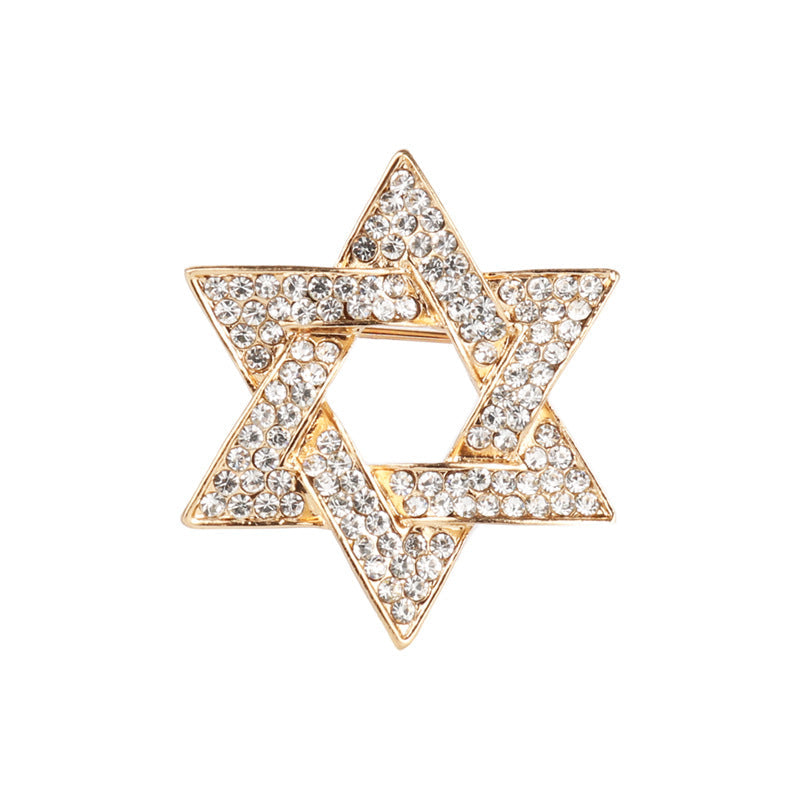 Gold star brooch pin with clear rhinestone inlays, six-point design