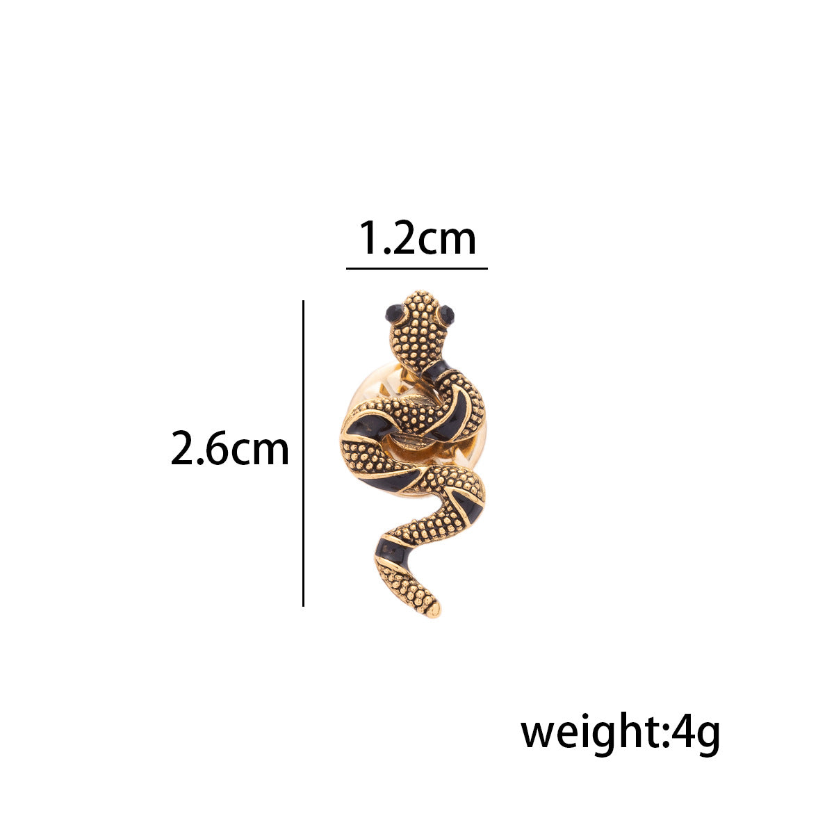 Gold snake brooch pin, 1.2cm x 2.6cm, weight 4g