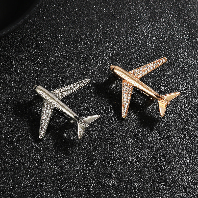 Airplane brooch set of 2: gold and silver suit decoration pins with sparkle stones