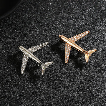 Airplane brooch set of 2: gold and silver suit decoration pins with sparkle stones
