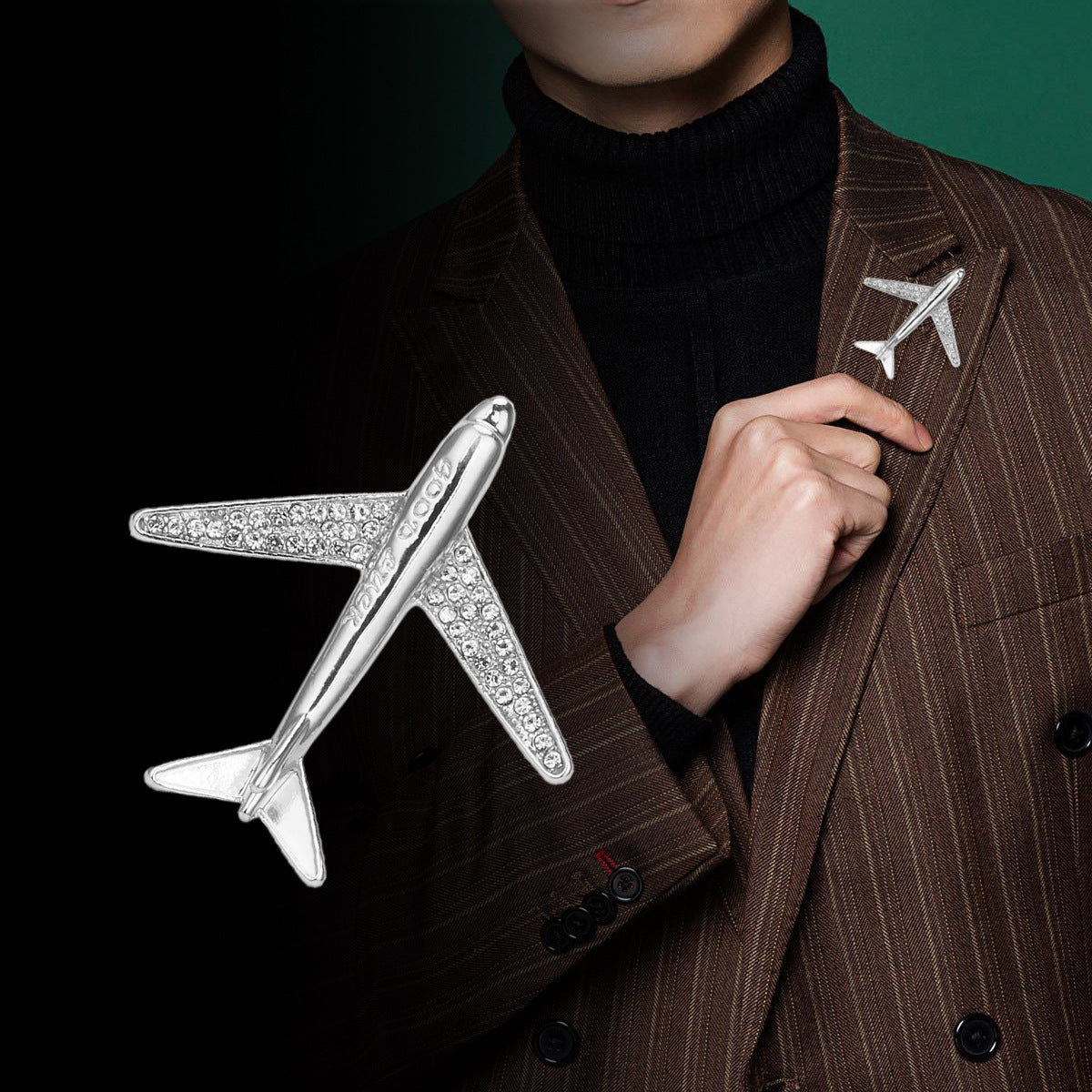 Silver airplane lapel brooch with rhinestone wings, suit jacket decoration pin