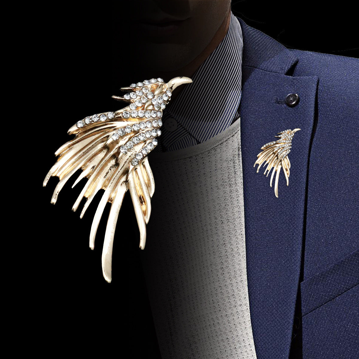 Gold eagle metal brooch badge with rhinestone-studded wings and pin backing