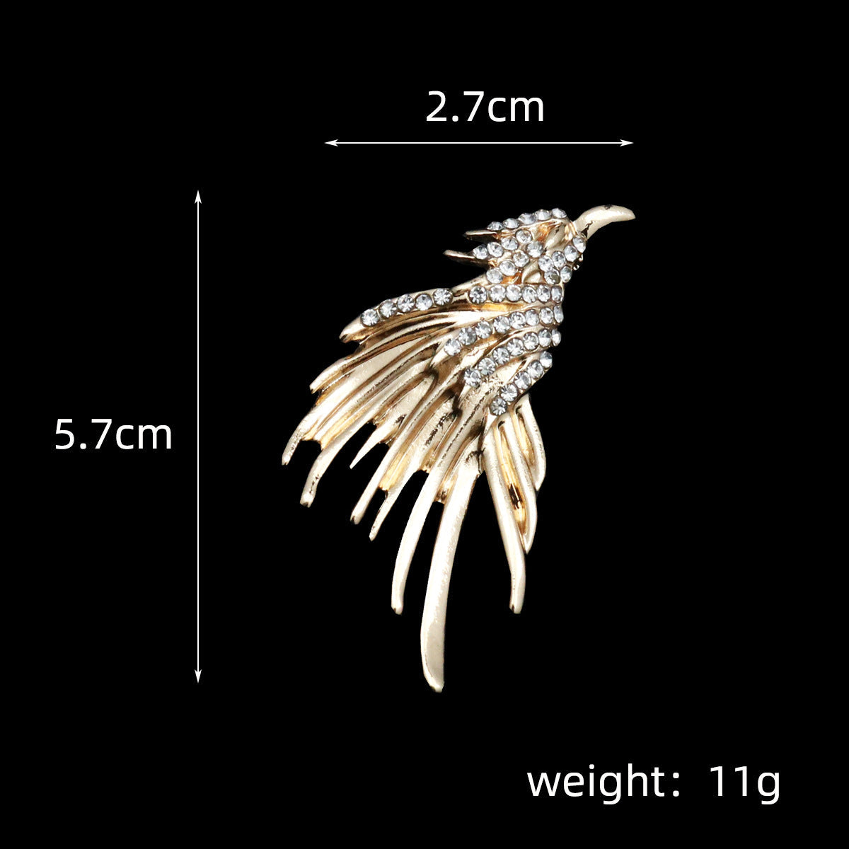 Gold eagle metal brooch badge with rhinestone wings, approx. 5.7 cm