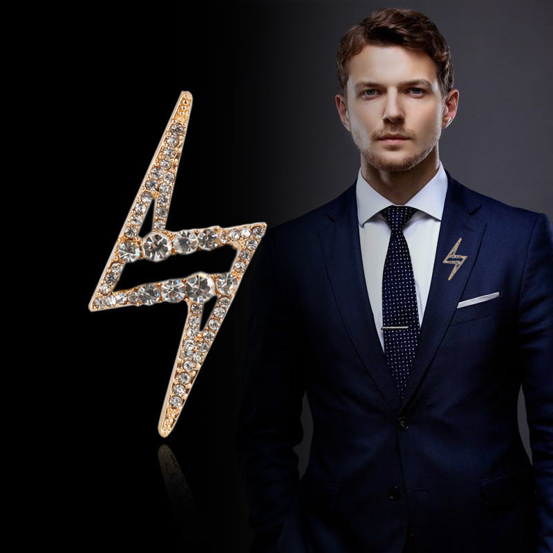 Men's gold lightning-shaped diamond-inlaid brooch with Z design