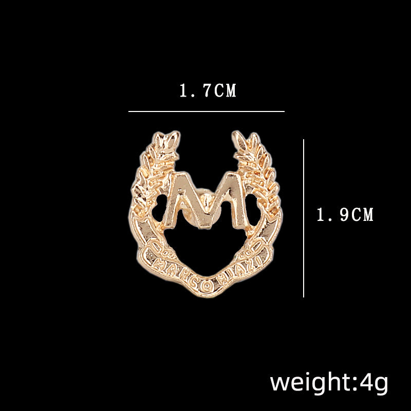 Gold M letter wheat ear brooch, front view with size markings