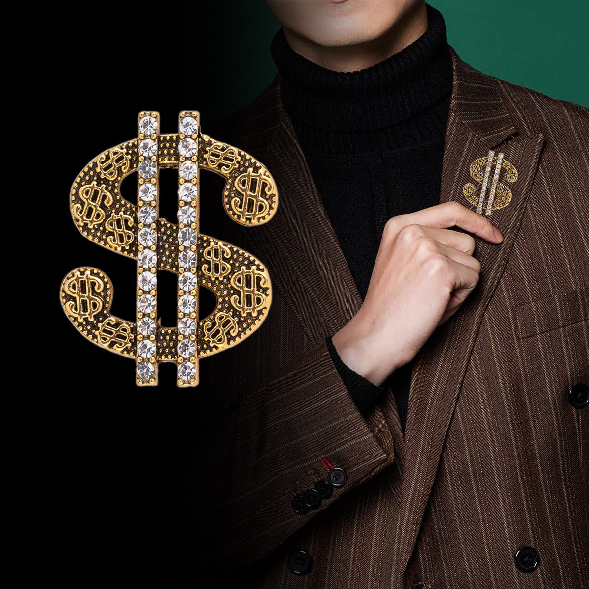 Goldfarbene Dollar-Brosche mit Strassstreifen und $-Emblemen am Revers