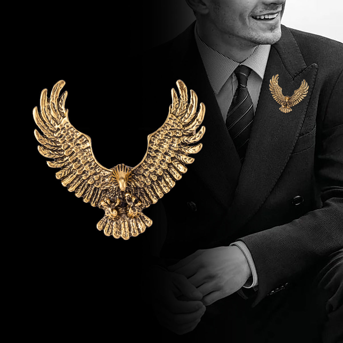 Gold eagle spread-wing badge brooch, detailed feather texture and head centerpiece
