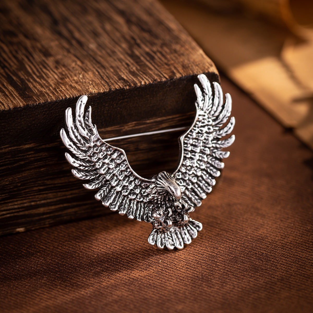 Silver eagle spread-wing badge brooch with pin and clasp hardware