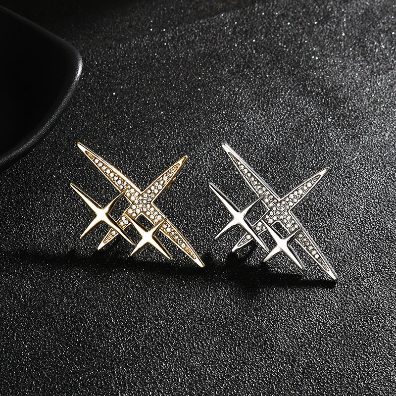 Gold & silver cross-shaped starburst brooch pins, rhinestone details, set of 4
