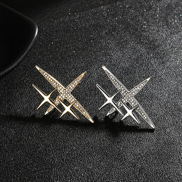 Gold & silver cross-shaped starburst brooch pins, rhinestone details, set of 4