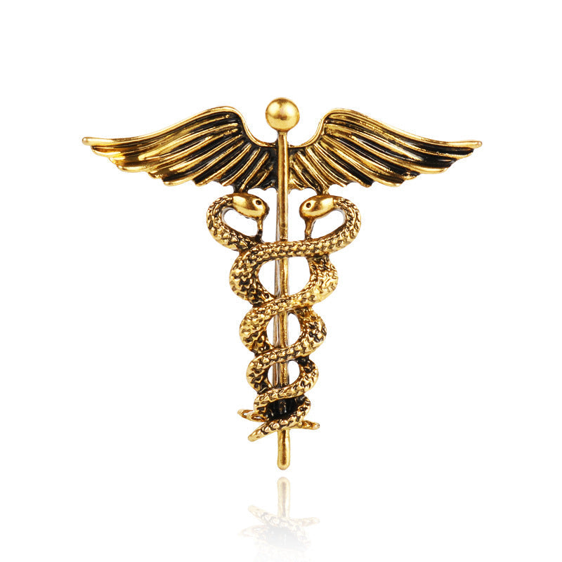 Gold angel wings & snake caduceus brooch pin, men’s lapel, 4 pcs