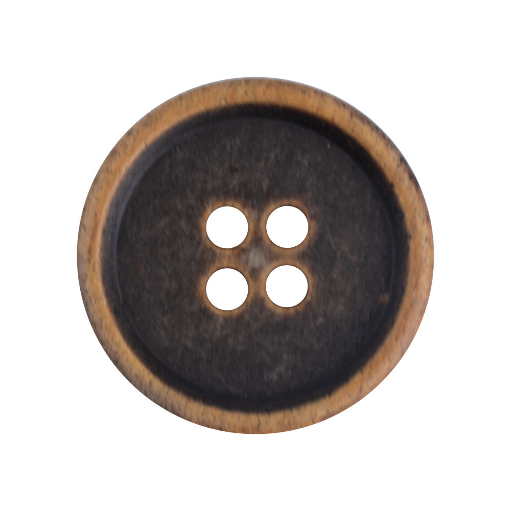 Round 4-hole vintage aged brown cow bone button, close-up, 15–20mm