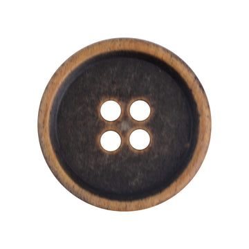 Round 4-hole vintage aged brown cow bone button, close-up, 15–20mm