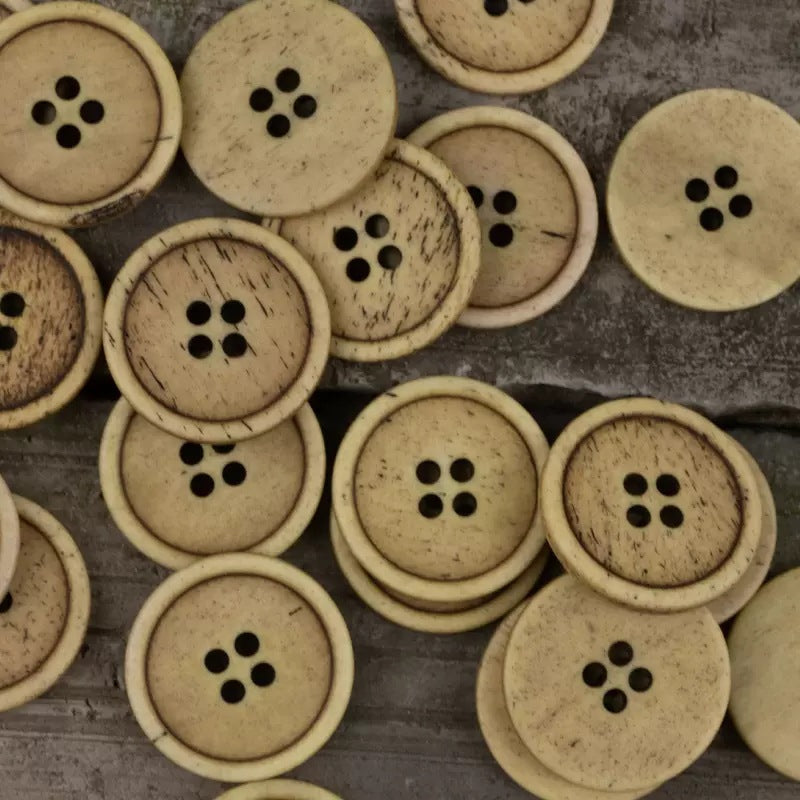 Yellow round 4-hole vintage cow bone buttons, 15–25mm, speckled, 10 pcs