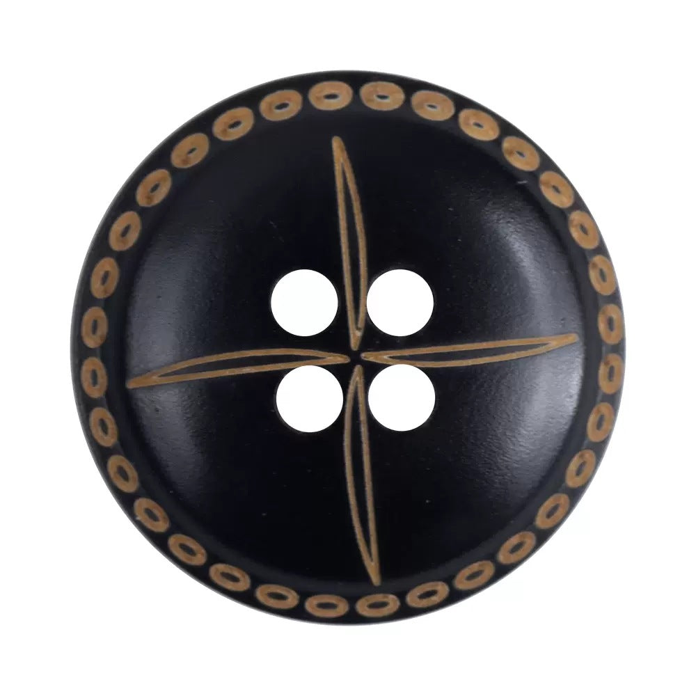 Black convex horn buttons, laser-engraved starburst, 4-hole front, 15/20/25mm, 12pcs